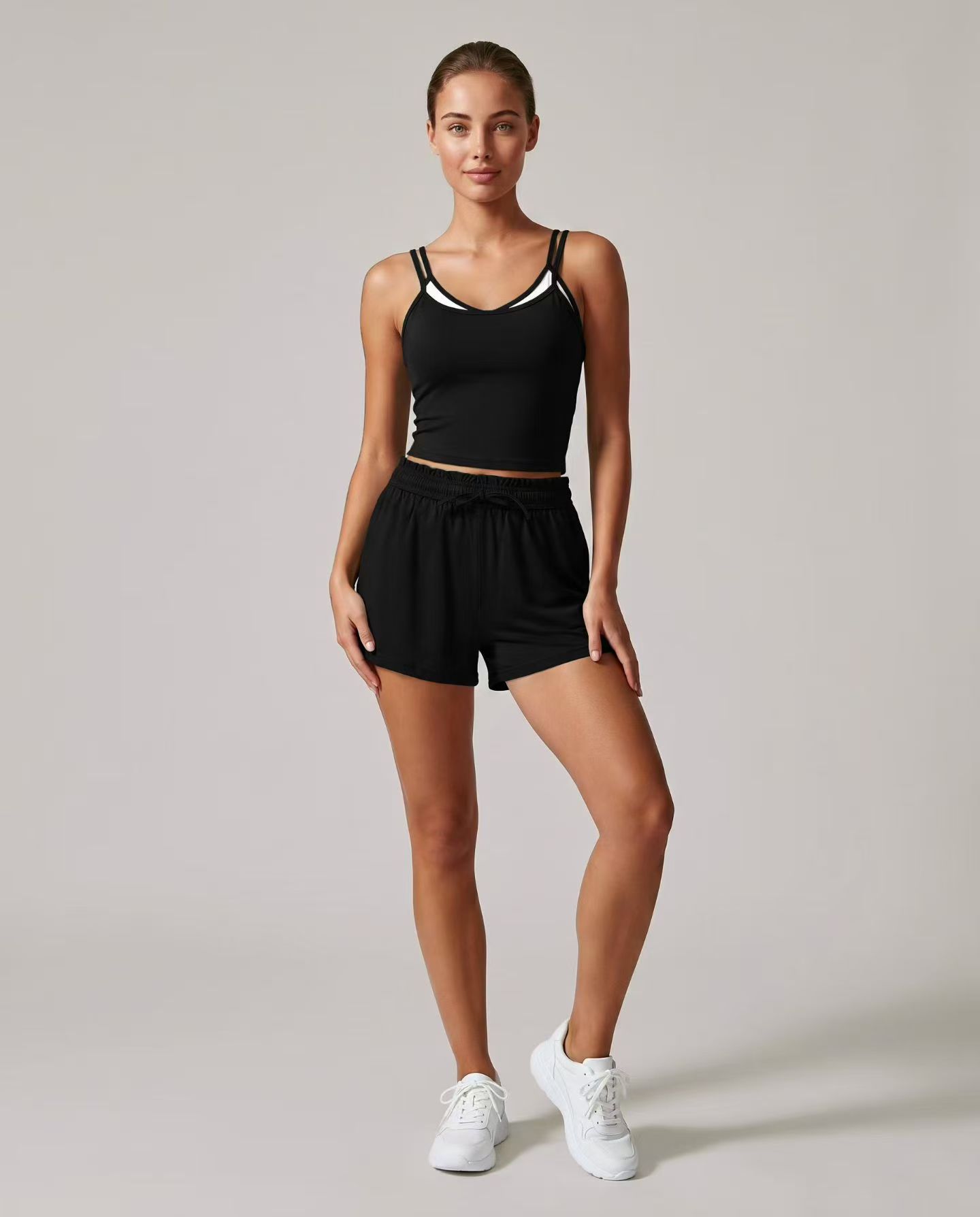 Black cami top and loose active shorts set sample