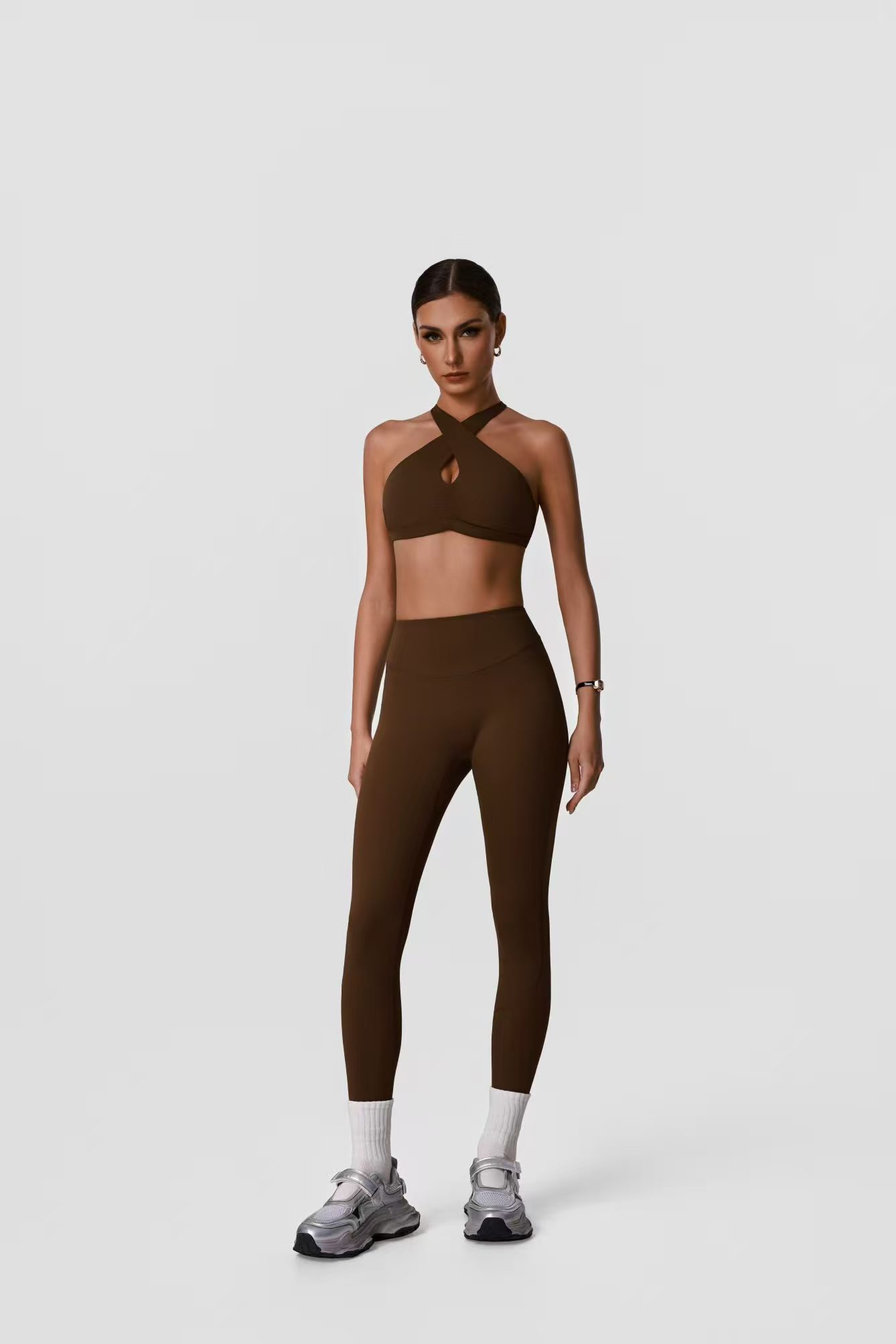 Brown halter sports bra and leggings set sample