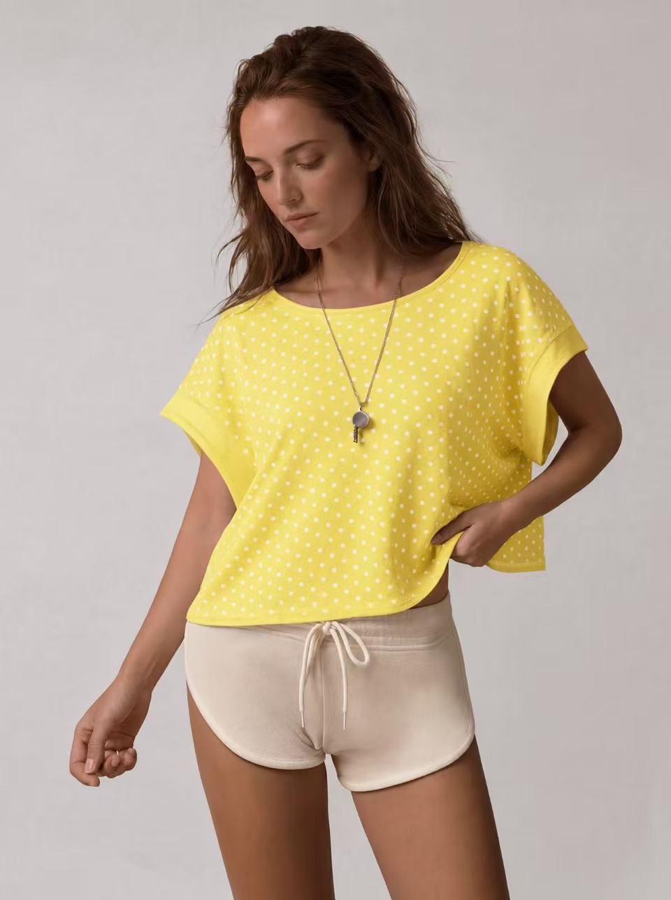 Yellow dotted loose active top and shorts sample