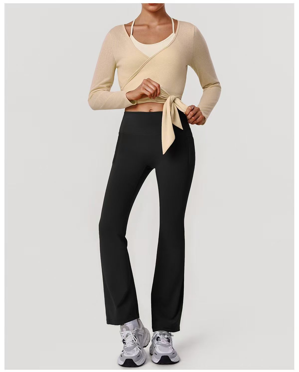 Beige Wrap Top Black Flare Set ready-to-ship activewear style