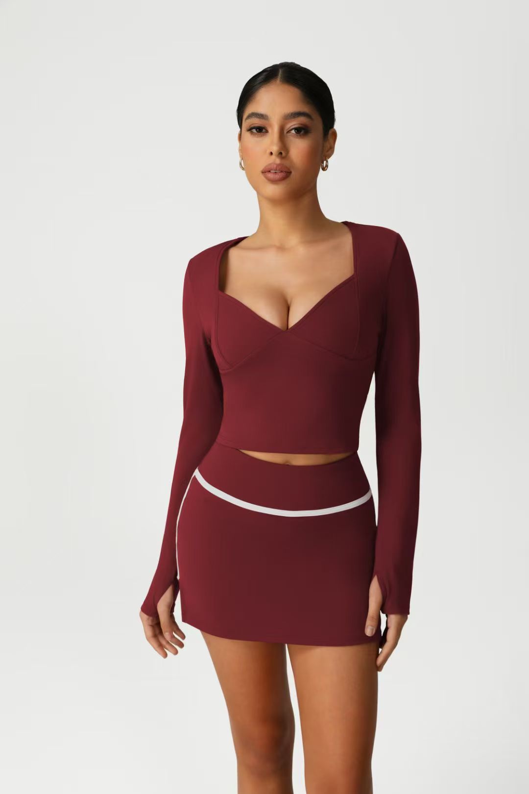 Burgundy Long-sleeve Skort Set ready-to-ship activewear style