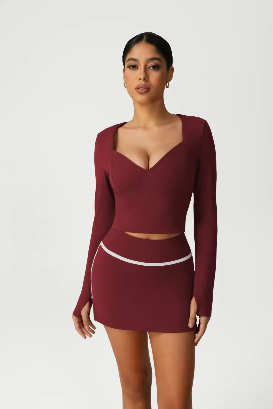 Burgundy Long-sleeve Skort Set ready-to-ship activewear style
