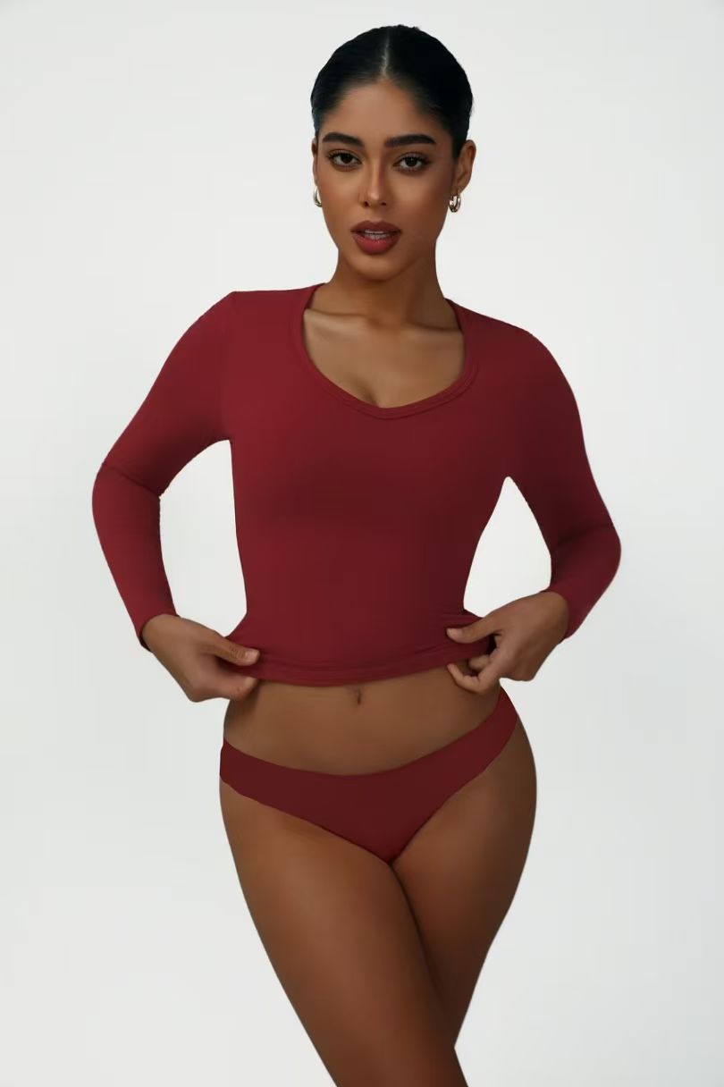 Burgundy Scoop-neck Long-sleeve Top ready-to-ship activewear style
