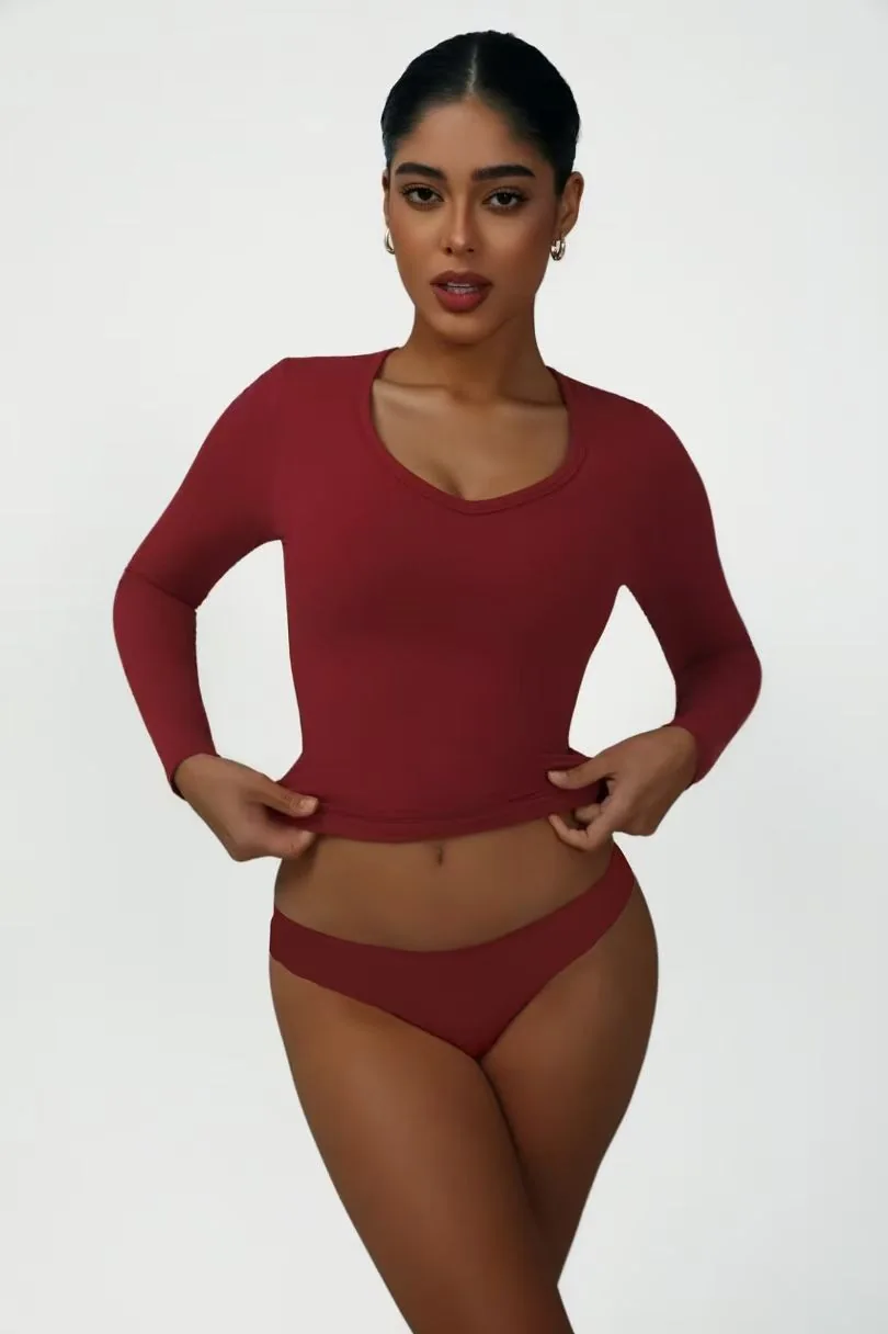Burgundy Scoop-neck Long-sleeve Top ready-to-ship activewear style