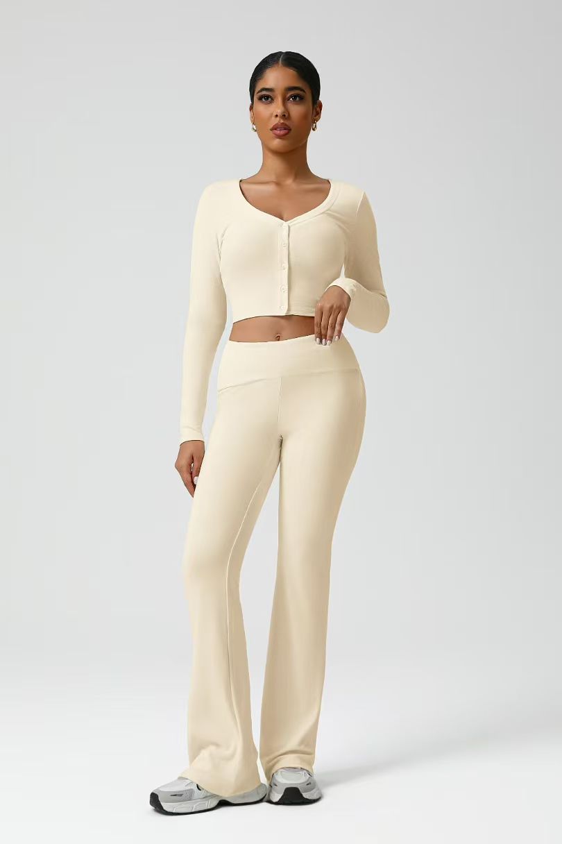 Cream Cardigan Flare Set ready-to-ship activewear style