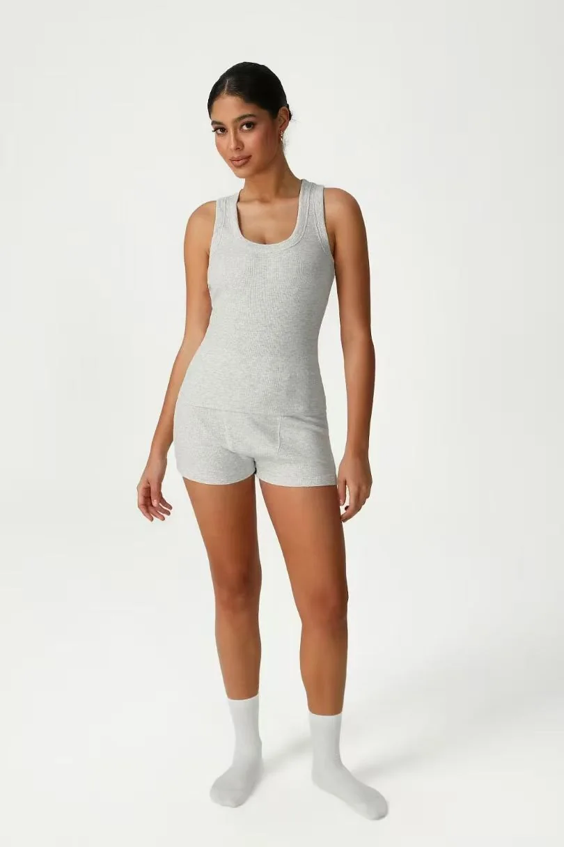 Grey Ribbed Short Romper ready-to-ship activewear style