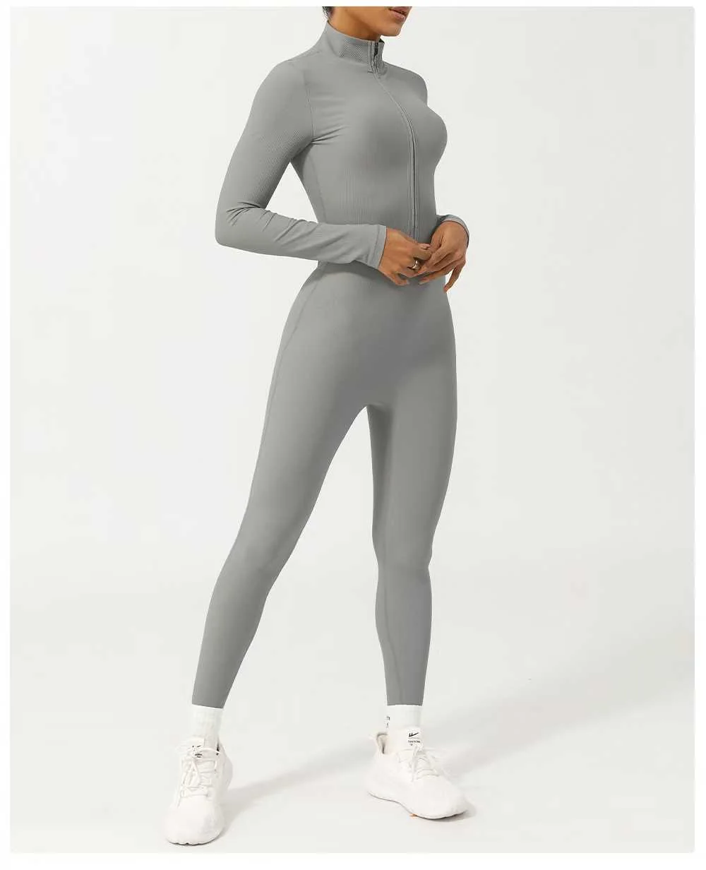 Grey Zip-front Full Jumpsuit ready-to-ship activewear style