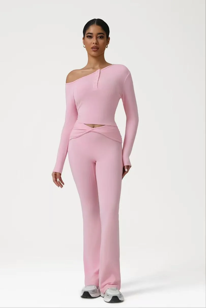 Pink One-shoulder Flare Set ready-to-ship activewear style