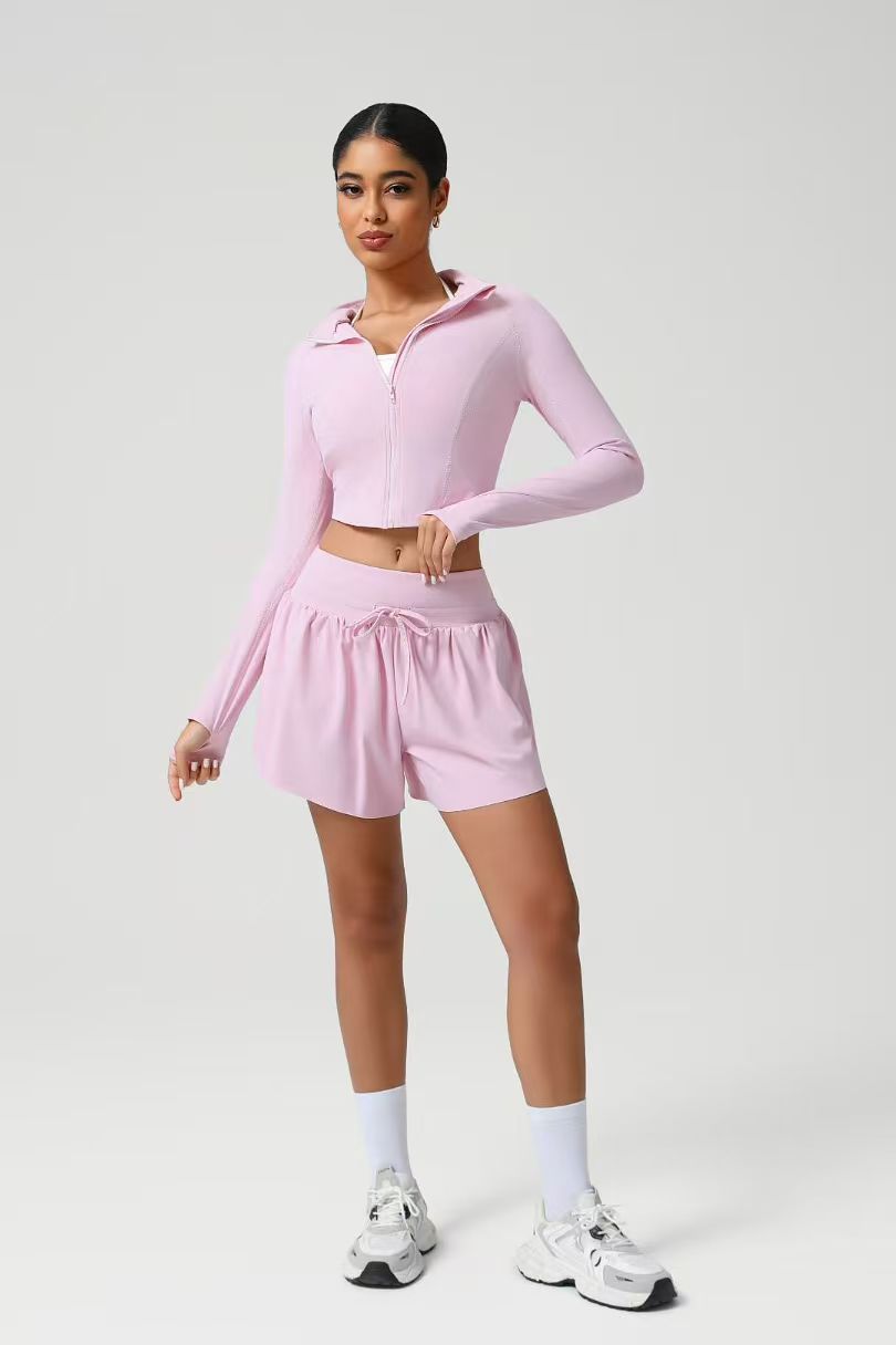Pink Zip Hoodie Shorts Set ready-to-ship activewear style