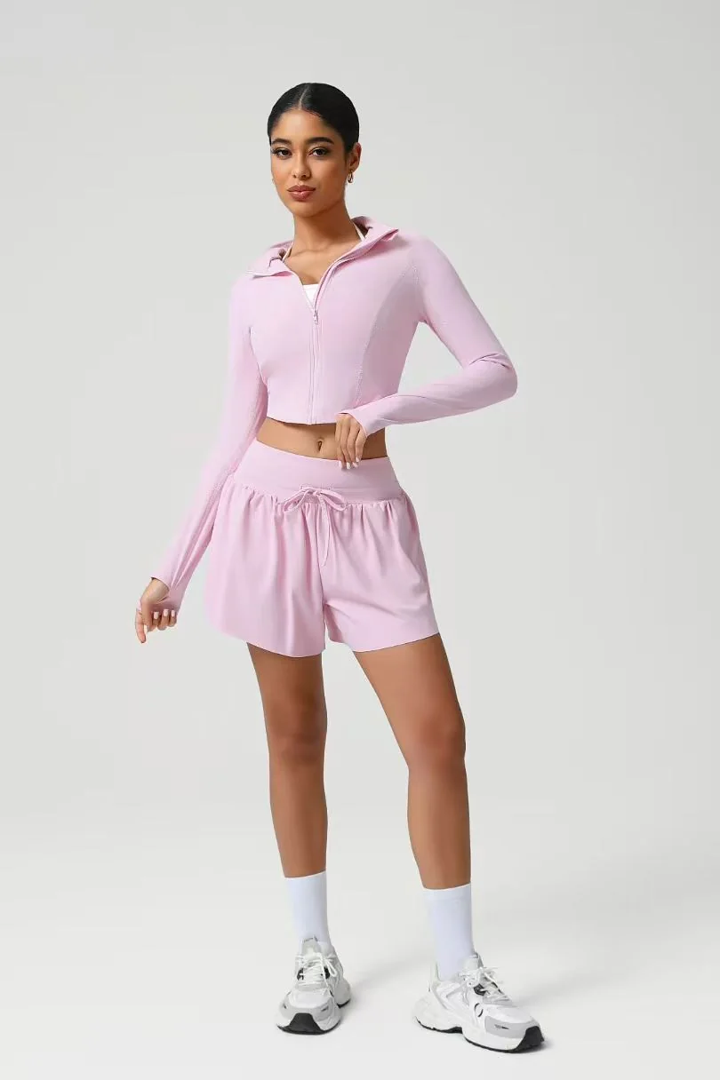 Pink Zip Hoodie Shorts Set ready-to-ship activewear style