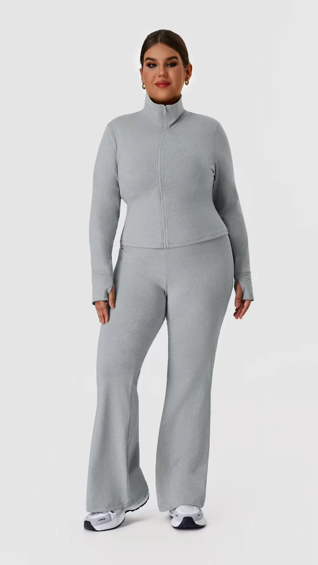 Plus-size Grey Zip Flare Set ready-to-ship activewear style