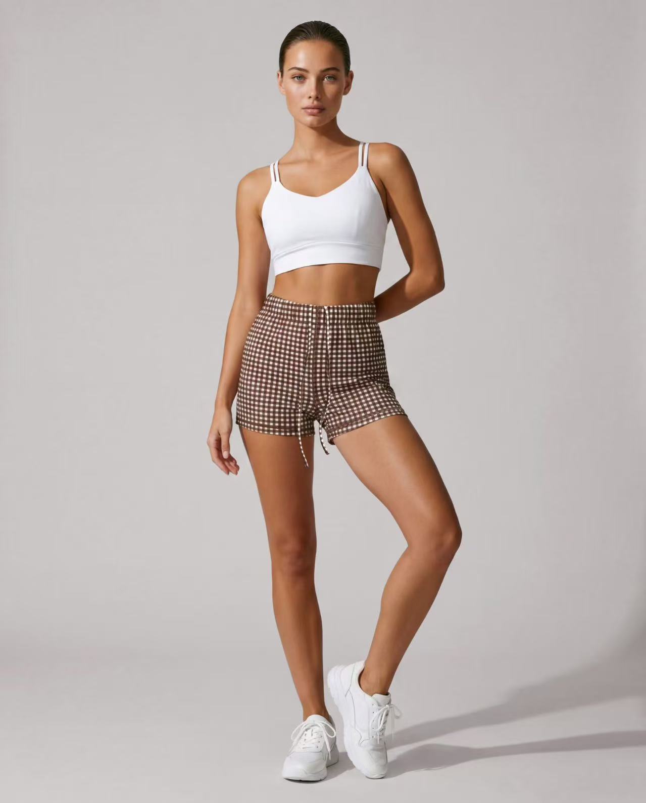 White Sports Bra Plaid Shorts Set ready-to-ship activewear style