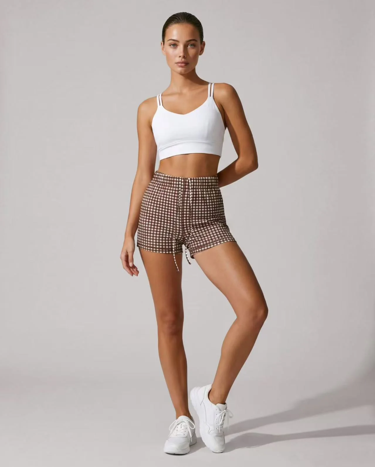 White Sports Bra Plaid Shorts Set ready-to-ship activewear style