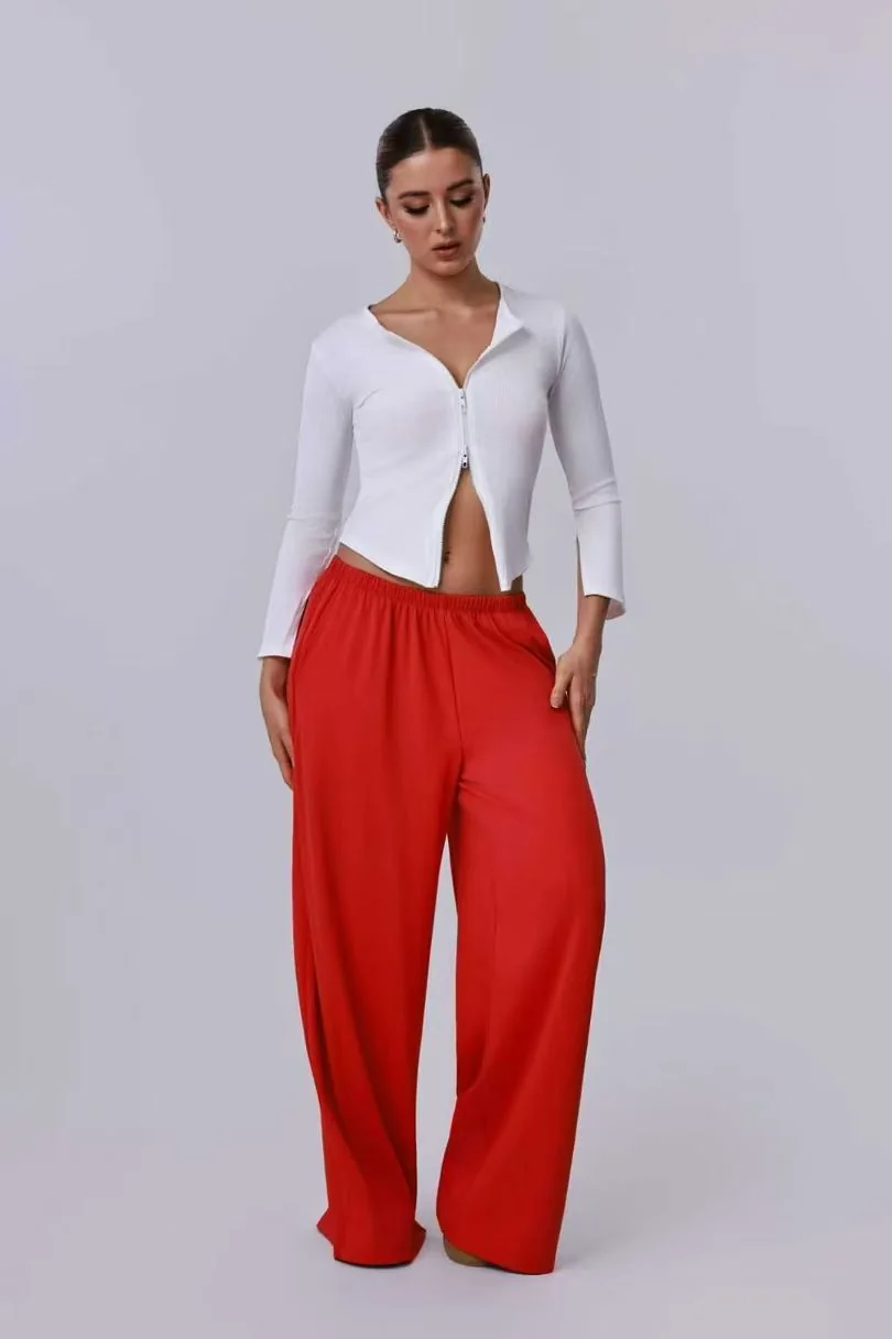 White Zip Top Red Wide-leg Set ready-to-ship activewear style
